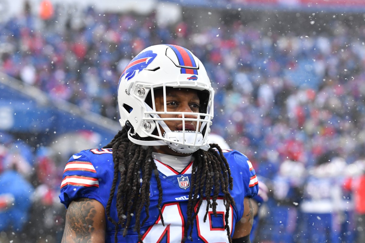 Jan 22, 2023; Orchard Park, New York, USA; Buffalo Bills linebacker Tremaine Edmunds (49) looks on during warmups before an AFC divisional round game between the Buffalo Bills and the Cincinnati Bengals at Highmark Stadium.