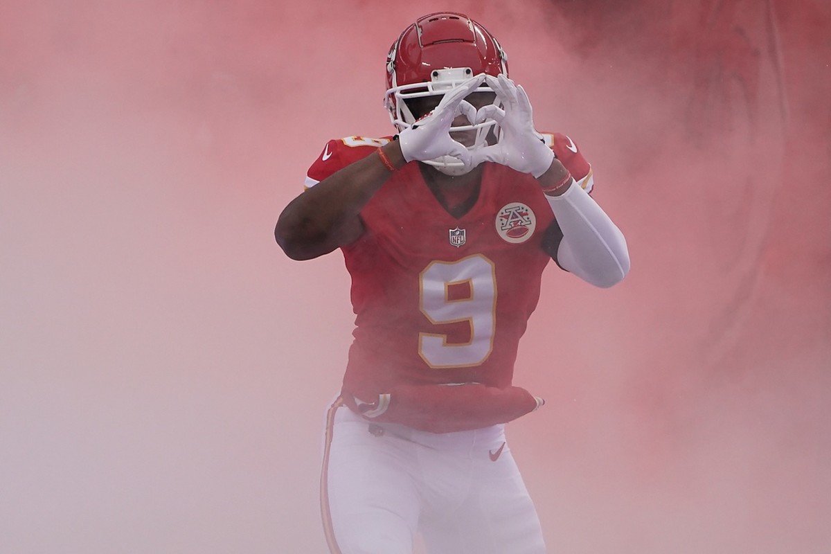 Jan 21, 2023; Kansas City, Missouri, USA; Kansas City Chiefs wide receiver JuJu Smith-Schuster (9) is introduced before playing against the Jacksonville Jaguars in the AFC divisional round game at GEHA Field at Arrowhead Stadium.