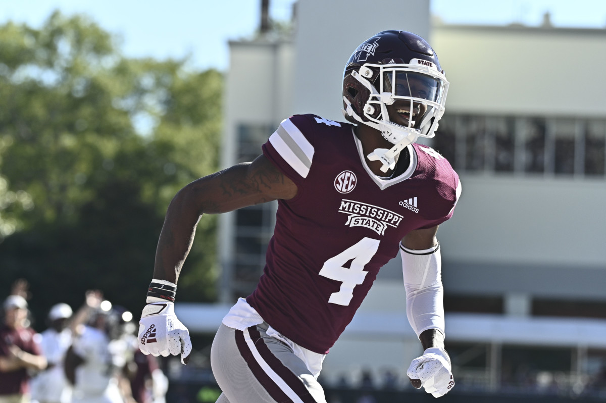 Oct 1, 2022; Starkville, Mississippi, USA; Mississippi State Bulldogs wide receiver Caleb Ducking (4) reacts after a touchdown against the Texas A&M Aggies during the second quarter at Davis Wade Stadium at Scott Field. Mandatory Credit: Matt Bush-USA TODAY Sports