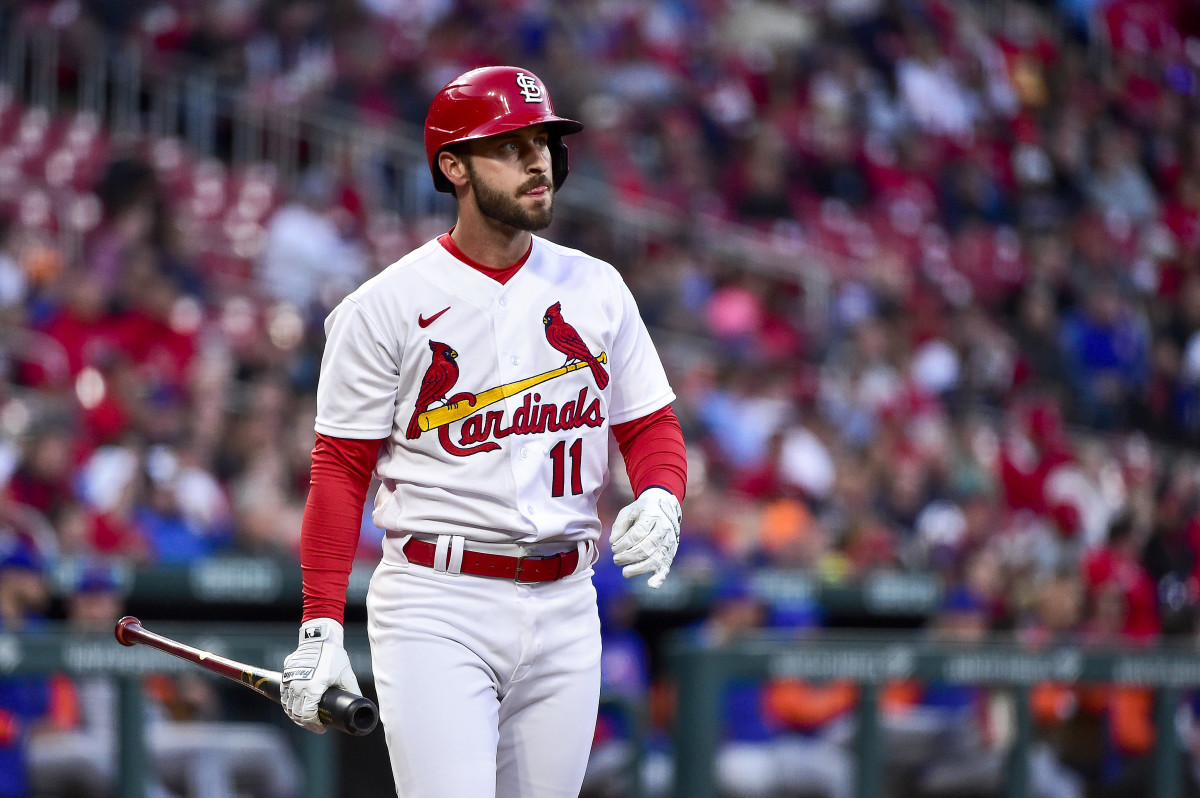 Cardinals shortstop Paul DeJong walks back to the dugout after striking out against the Mets during the second inning at Busch Stadium.