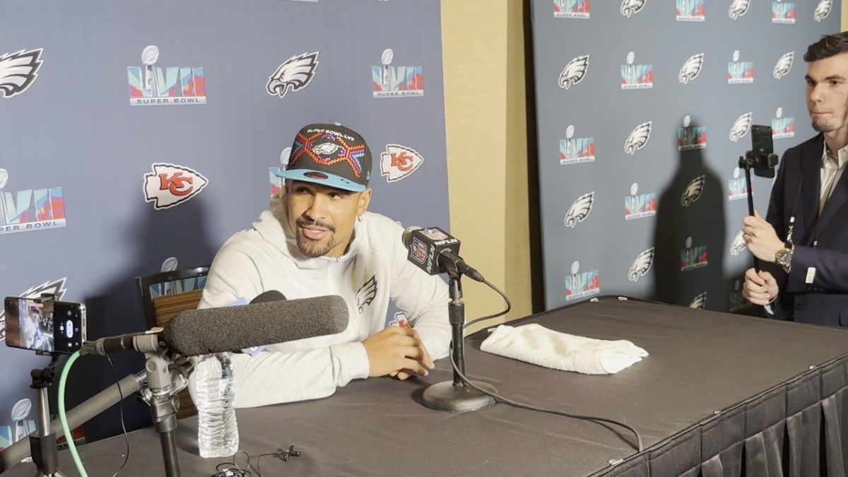 Jalen Hurts during Tuesday's media availability/Ed Kracz SI Fan Nation Eagles Today