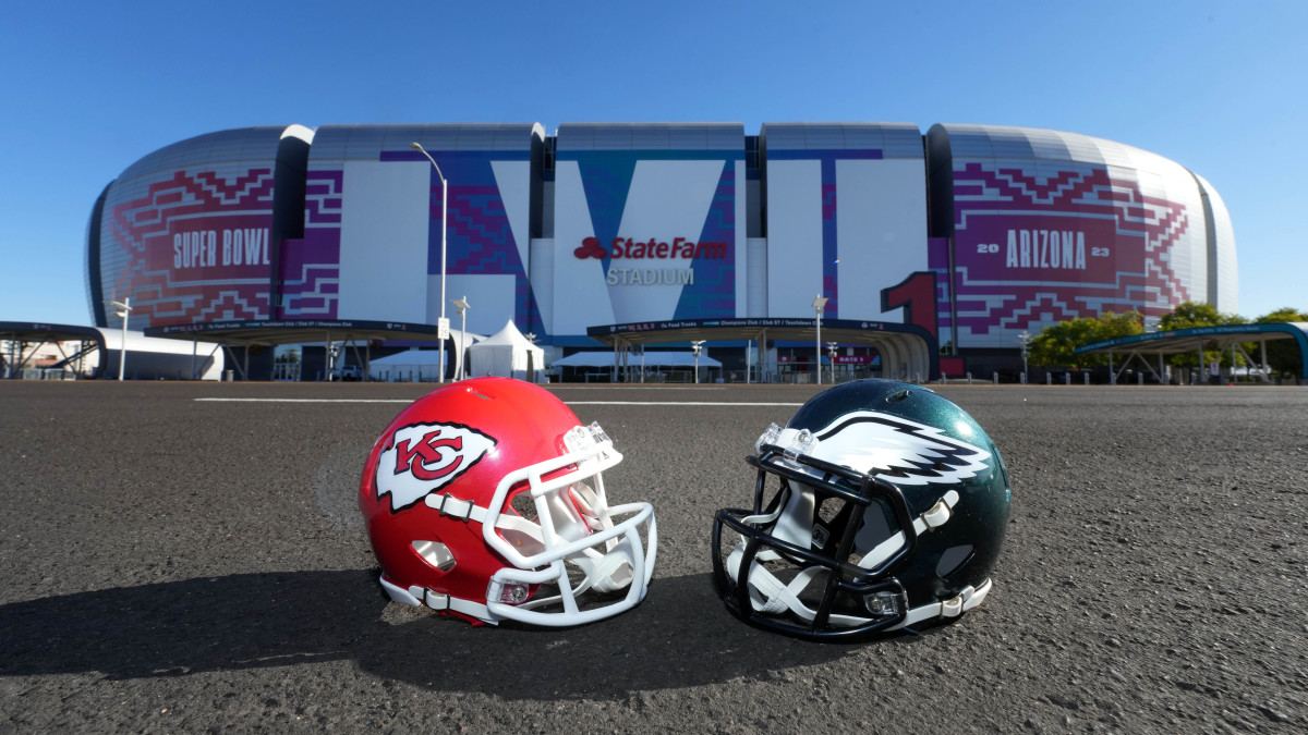 The helmets of the Kansas City Chiefs and the Philadelphia Eagles prior to Super Bowl 57 at State Farm Stadium