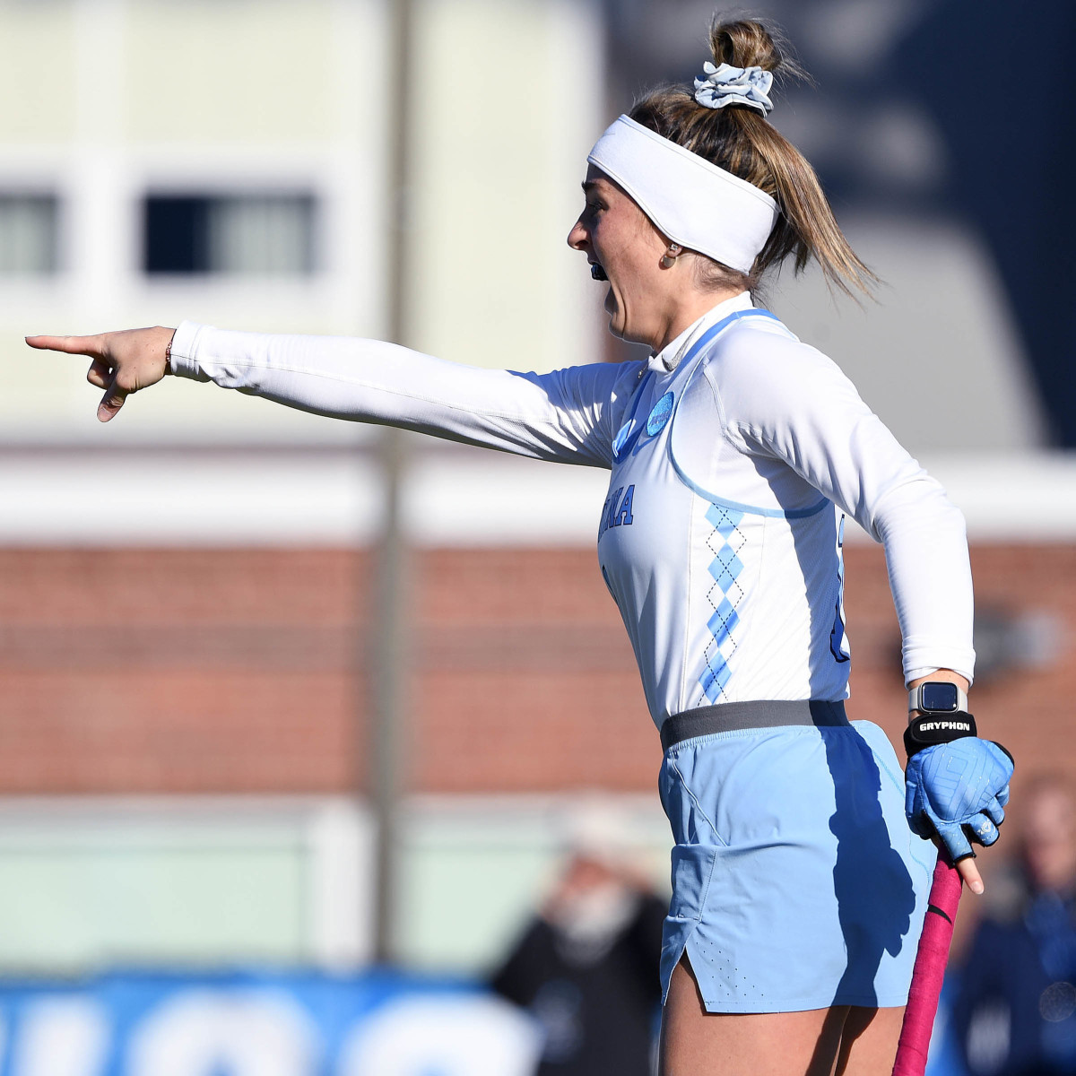 Erin Matson directs play during a North Carolina field hockey game.