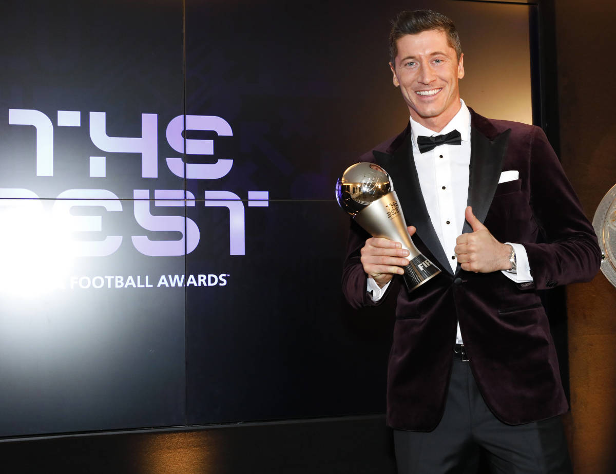 Robert Lewandowski pictured with his trophy after winning The Best FIFA Men's Player award in 2020