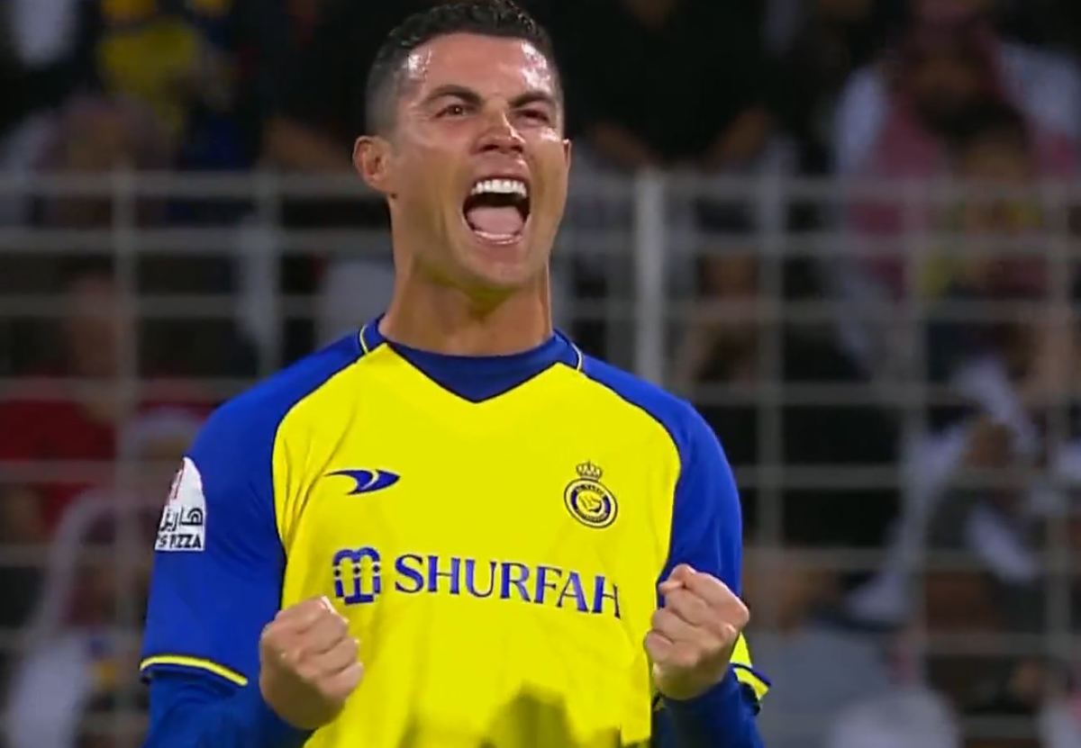 Cristiano Ronaldo pictured celebrating after a VAR review confirmed his second goal in Al Nassr's Saudi Pro League game against Al-Wehda in February 2023