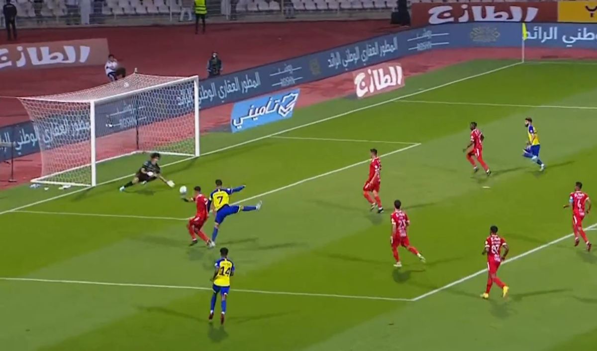 Cristiano Ronaldo pictured (7) scoring his first ever goal from open play for Al Nassr during a Saudi Pro League game at Al-Wehda in February 2023