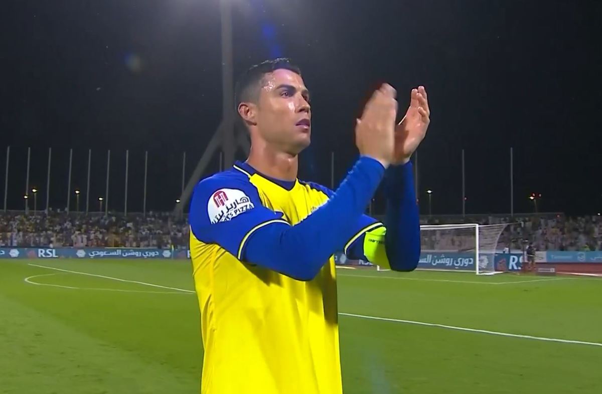 Cristiano Ronaldo pictured applauding Al Nassr fans after he scored four goals in a 4-0 win at Al-Wehda in February 2023