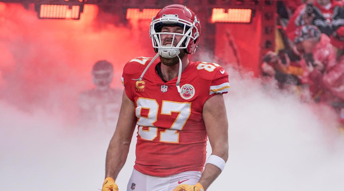 Jan 21, 2023; Kansas City, Missouri, USA; Kansas City Chiefs tight end Travis Kelce (87) is introduced prior to an AFC divisional round game at GEHA Field at Arrowhead Stadium.