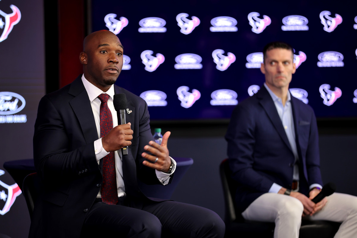 Feb 2, 2023; Houston, TX, USA; Houston Texans head coach Demeco Ryans speaks to the media during his introductory press conference as general manager Nick Caserio (right) looks on at NRG Stadium.
