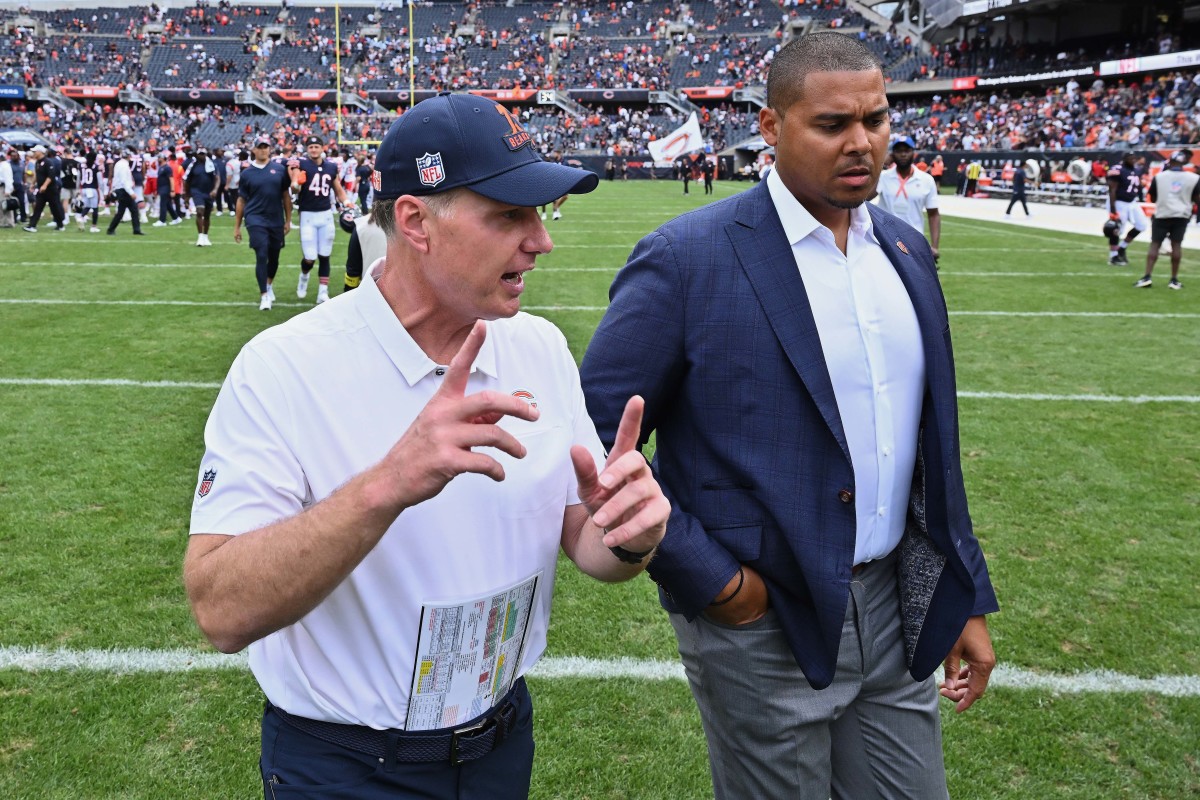 Aug 13, 2022; Chicago, Illinois, USA; Chicago Bears head coach Matt Eberflus, left, and general manager Ryan Poles walk off the field after the Bears defeated the Kansas City Chiefs 19-14 at Soldier Field.