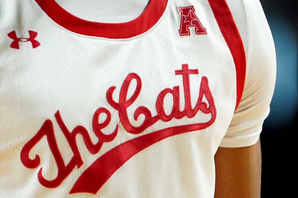 A detail view of the throwback jerseys the Cincinnati Bearcats wore against the South Florida Bulls in the first half of a men's NCAA basketball game, Saturday, Feb. 26, 2022, at Fifth Third Arena in Cincinnati. South Florida Bulls At Cincinnati Bearcats Basketball 040