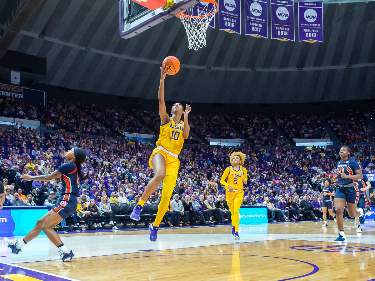 Angel Reese takes a shot as LSU takes on Auburn in Baton Rouge.