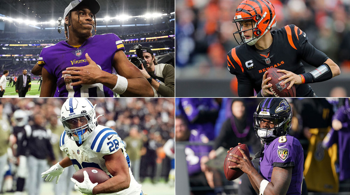 Vikings receiver Justin Jefferson, Bengals quarterback Joe Burrow, Colts running back Jonathan Taylor and Ravens quarterback Lamar Jackson