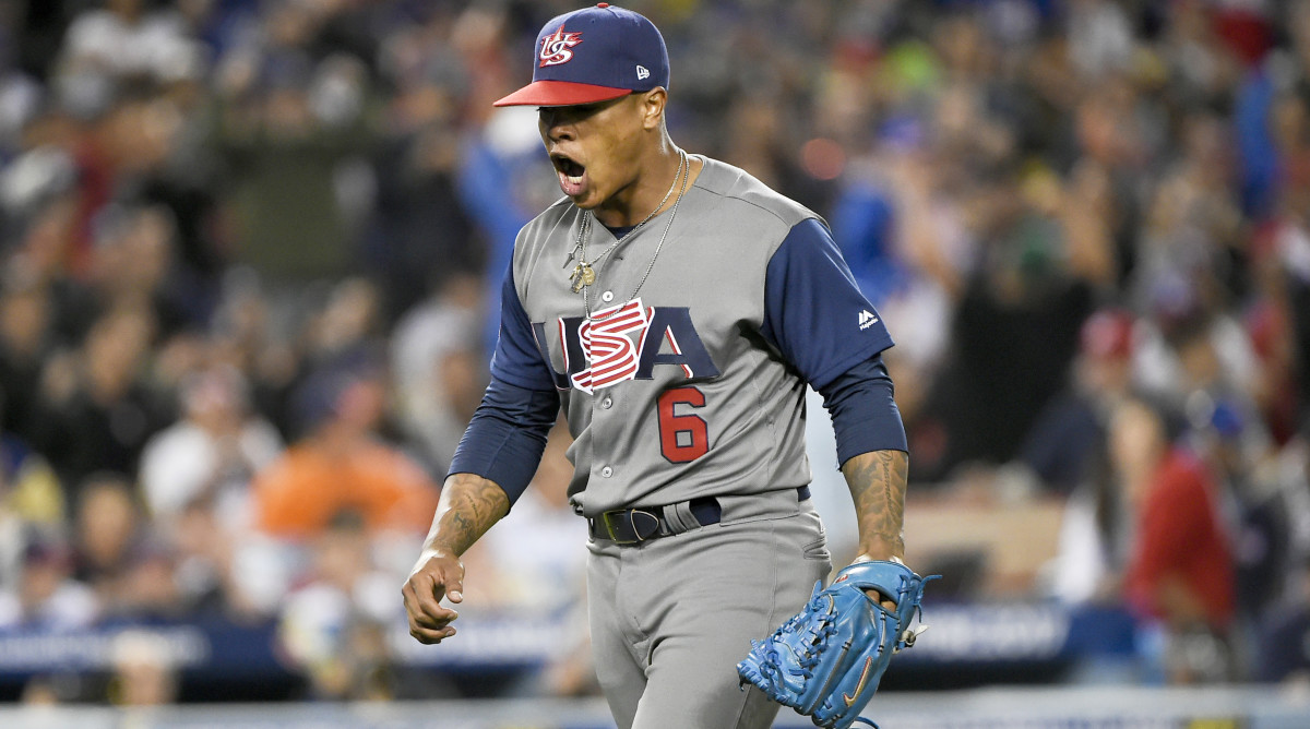 Marcus Stroman, pitching for Team USA in the 2017 World Baseball Classic, reacts during the fifth inning of the against Puerto Rico at Dodger Stadium.