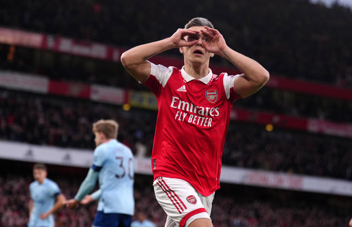 Leandro Trossard pictured celebrating after scoring his first goal for Arsenal, during an EPL game against Brentford in February 2023