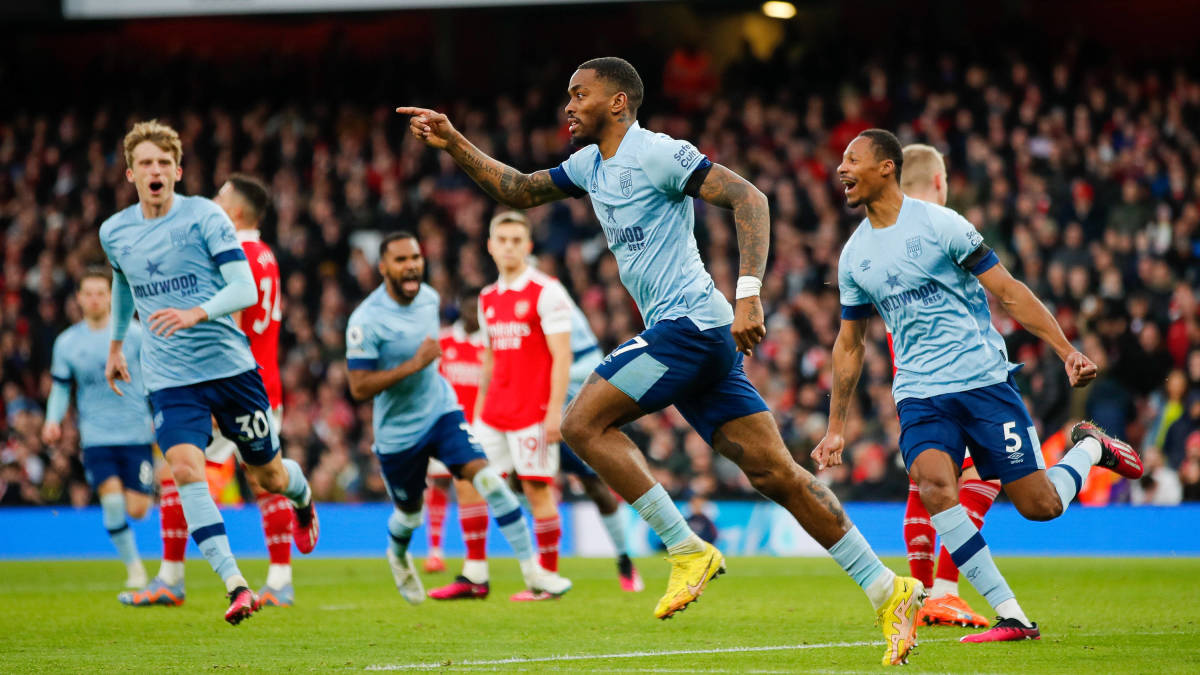 Ivan Toney pictured (center) celebrating after scoring for Brentford against Arsenal in February 2023