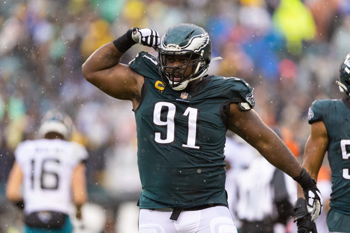 Fletcher Cox flexes after making a play against the Jaguars