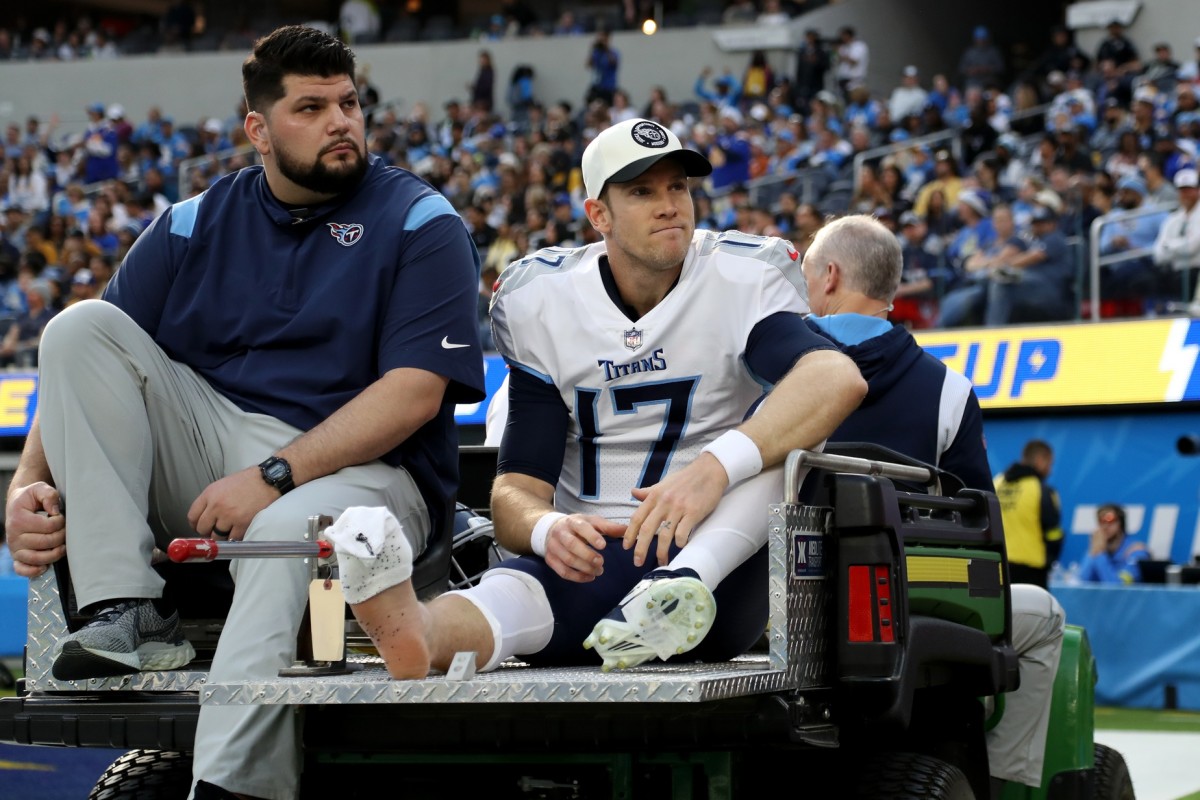 Ryan Tannehill is carted off the field during a game against the Los Angles Rams