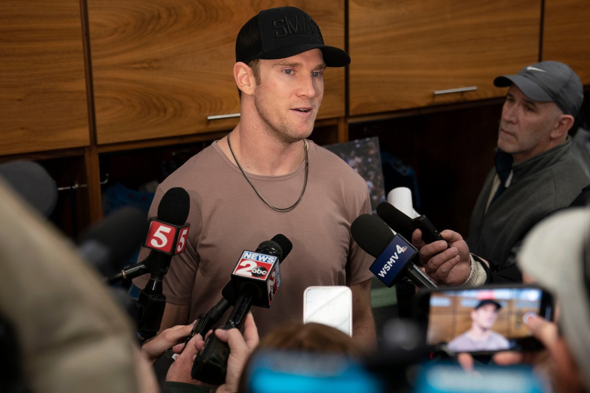 Ryan Tannehill speaks with the media on clearout day following the 2022 season. 