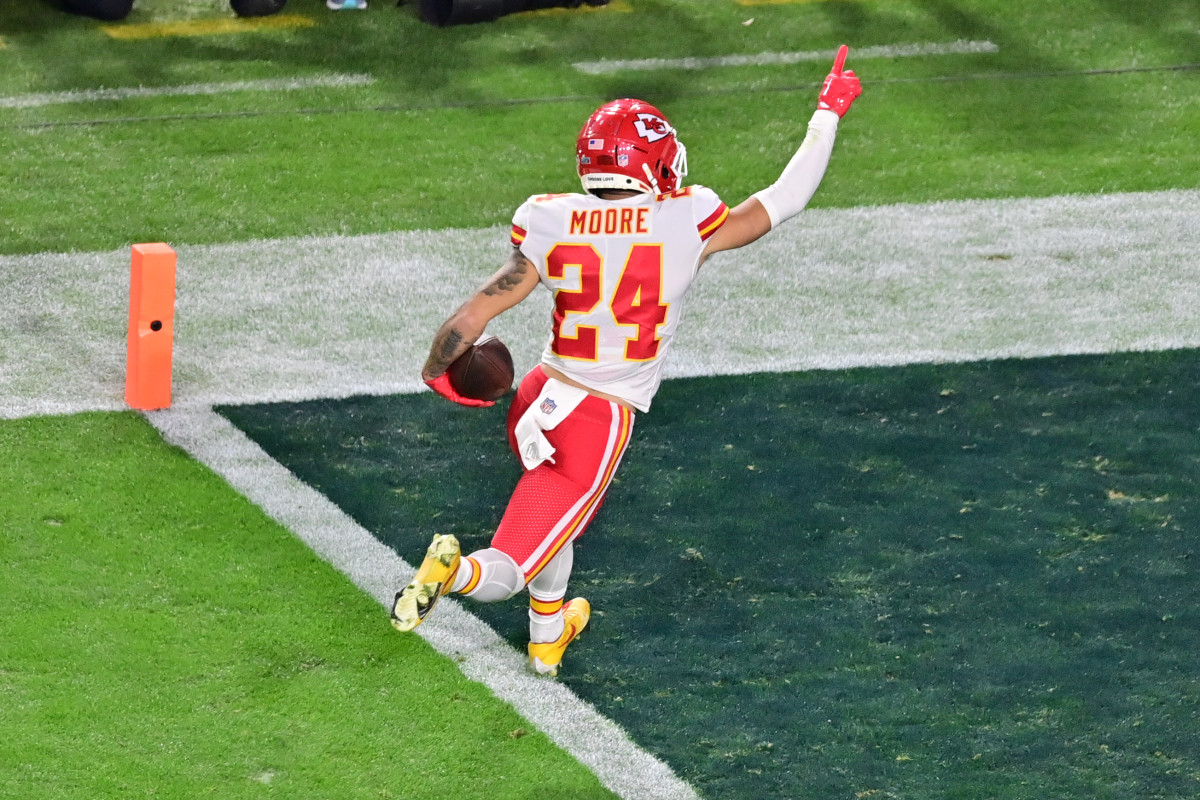 Feb 12, 2023; Glendale, Arizona, US; Kansas City Chiefs wide receiver Skyy Moore (24) runs the ball in for a touchdown against the Philadelphia Eagles during the fourth quarter of Super Bowl LVII at State Farm Stadium. Mandatory Credit: Matt Kartozian-USA TODAY Sports