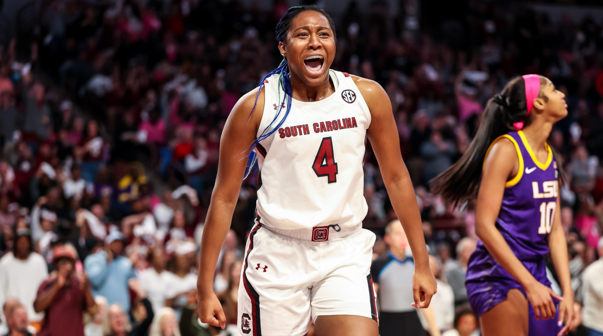 Gamecocks forward Aliyah Boston celebrates a play against the LSU Tigers.