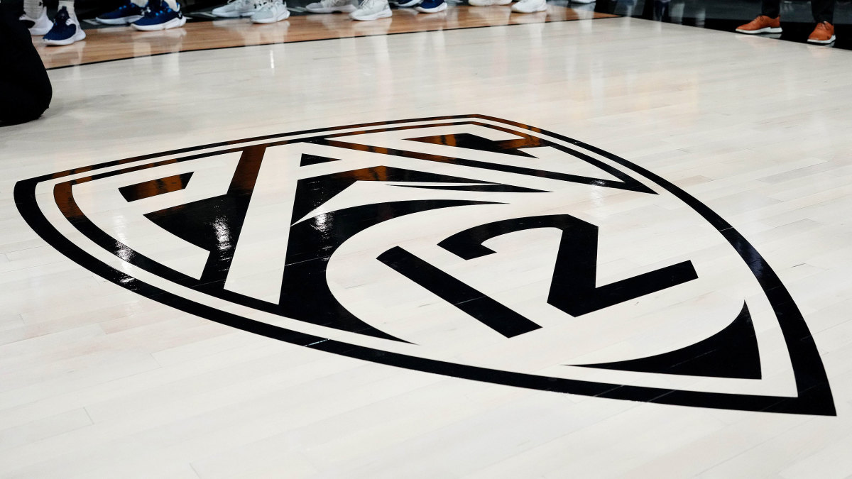 Pac-12 logo on a basketball court
