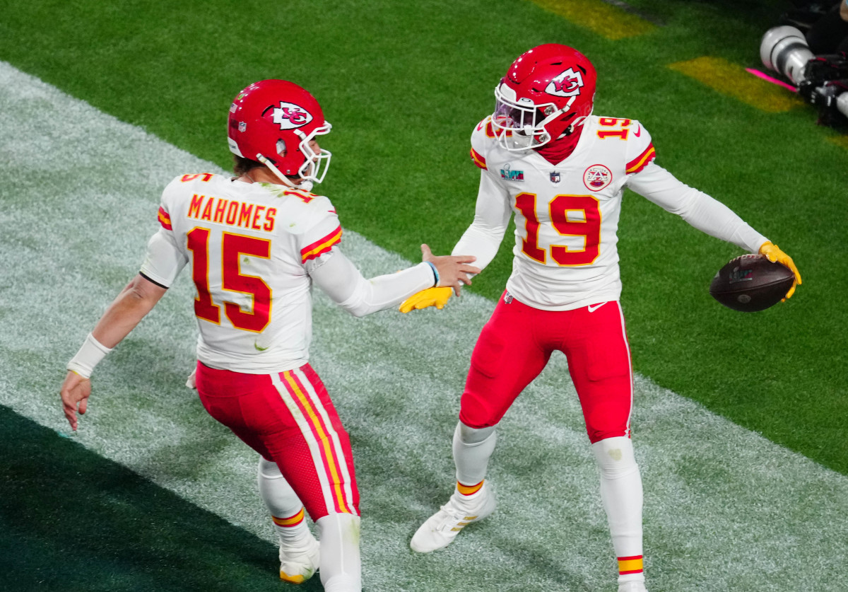 Patrick Mahomes and Kadarius Toney celebrate after the touchdown that put Kansas City up for good in Super Bowl LVII.
