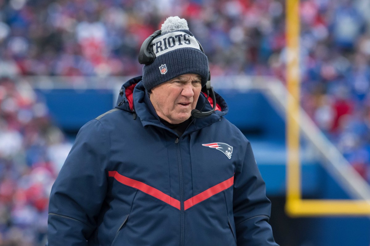 New England Patriots head coach Bill Belichick on the sidelines in the second quarter game against the Buffalo Bills at Highmark Stadium.