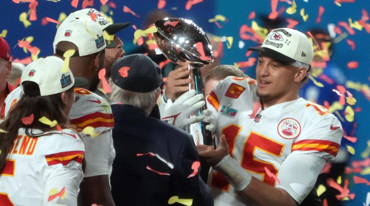 Kansas City Chiefs quarterback Patrick Mahomes (15) holds the Lombardi Trophy after defeating the Philadelphia Eagles in Super Bowl LVII at State Farm Stadium in Glendale on Feb. 12, 2023.