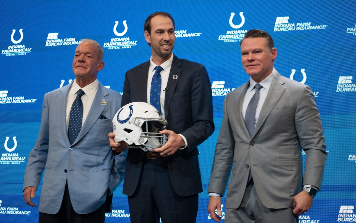Shane Steichen, center, poses for photos with Colts Owner and CEO Jim Irsay, left, and General Manager Chris Ballard after a press conference Tuesday, Feb. 14, 2023 announcing that Steichen is the new Indianapolis Colts Head Coach.