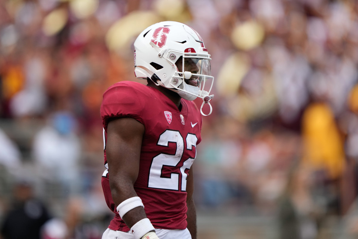 Stanford, California, USA; Stanford Cardinal running back E.J. Smith (22) during the first quarter against the USC Trojans at Stanford Stadium.