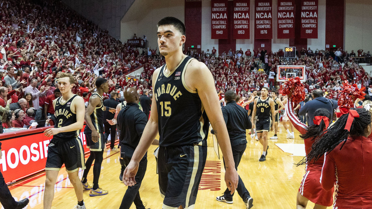 Purdue’s Zach Edey walks off the court after a loss to Indiana