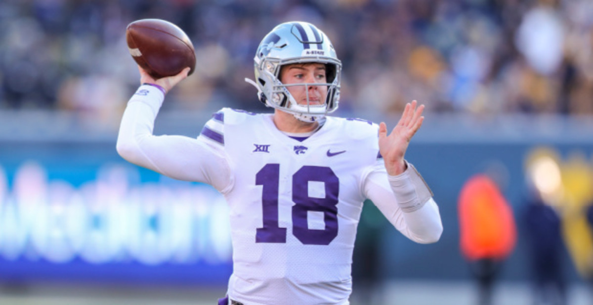 Kansas State Wildcats quarterback Will Howard attempts a pass during a college football game in the Big 12.