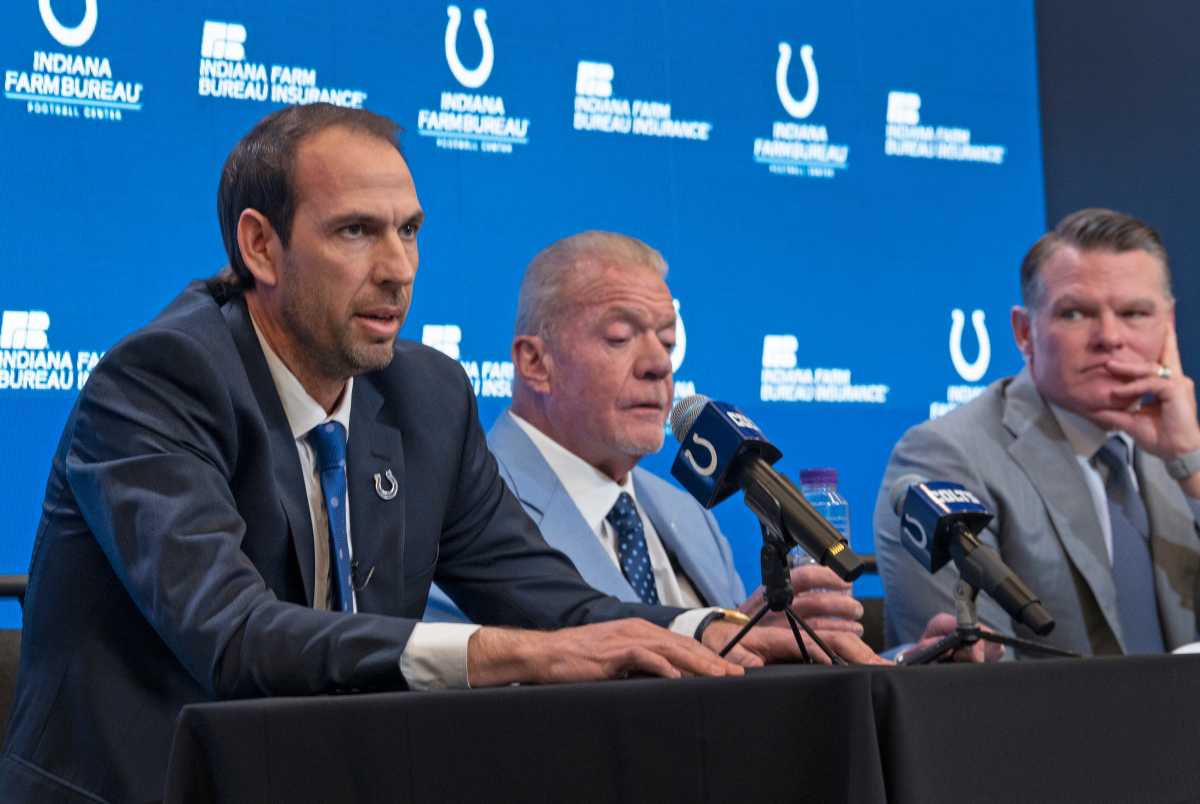 Shane Steichen, left, speaks at a press conference Tuesday, Feb. 14, 2023 announcing that he is the new Indianapolis Colts Head Coach. Colts Owner and CEO Jim Irsay, center, and General Manager Chris Ballard introduced the new coach in the Gridiron Hall of the Indiana Farm Bureau Football Center. Shane Steichen Is The New Indianapolis Colts Head Coach