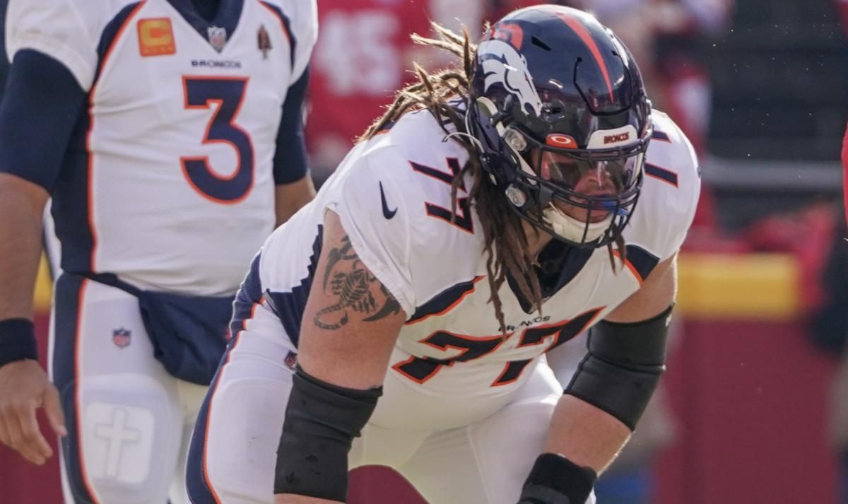Denver Broncos guard Quinn Meinerz (77) on field against the Kansas City Chiefs during a game at GEHA Field at Arrowhead Stadium.