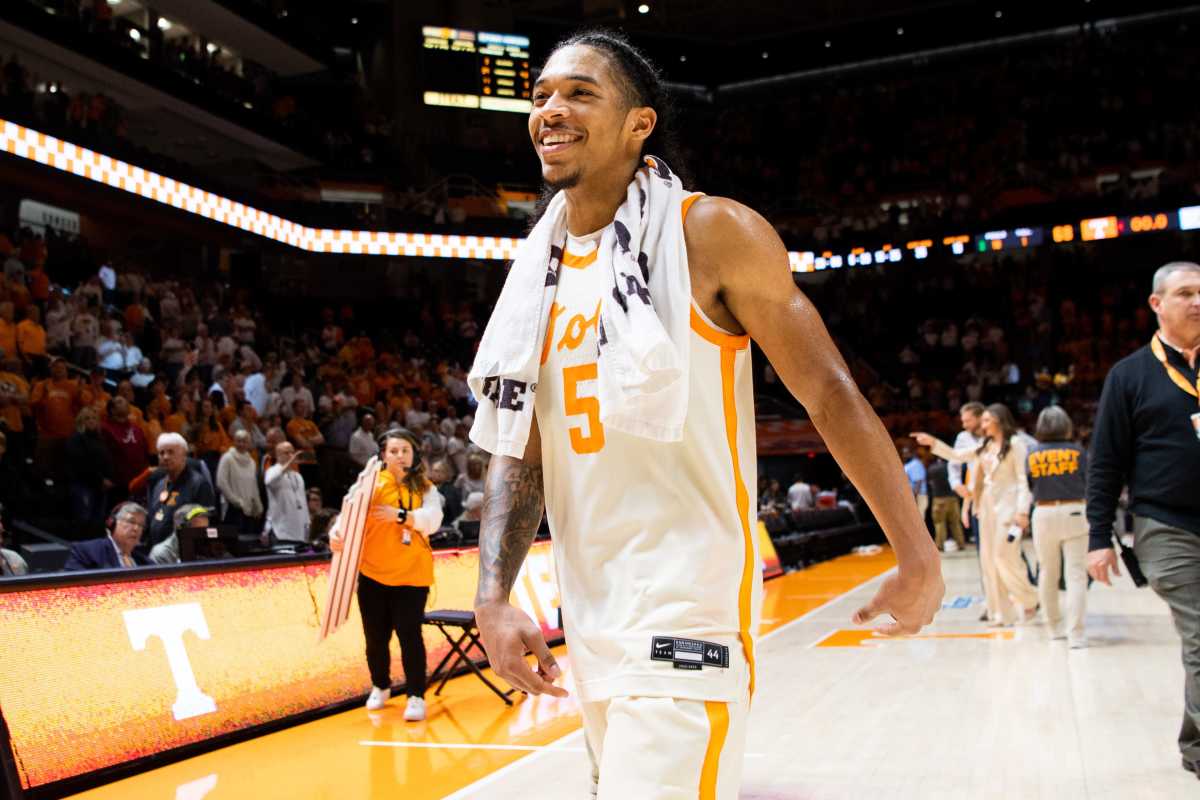 Tennessee G Zakai Zeigler after a win over Alabama in Knoxville, Tennessee, on February 15, 2023. (Photo by Brianna Paciorka of the News Sentinel - USA Today Sports)