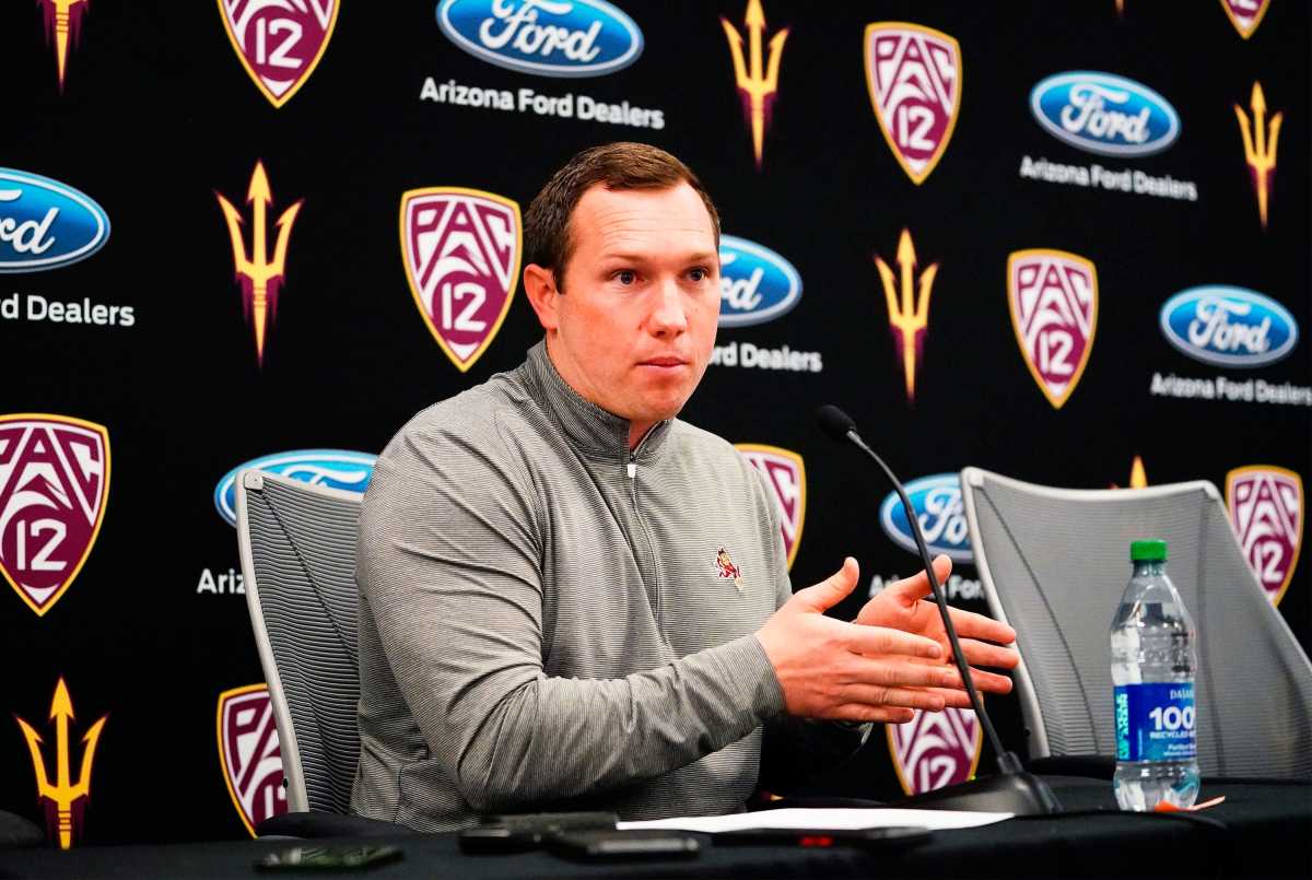 Arizona State football head coach Kenny Dillingham speaks to the media at the Carson Student Athletic Center in Tempe on Feb. 2, 2023.