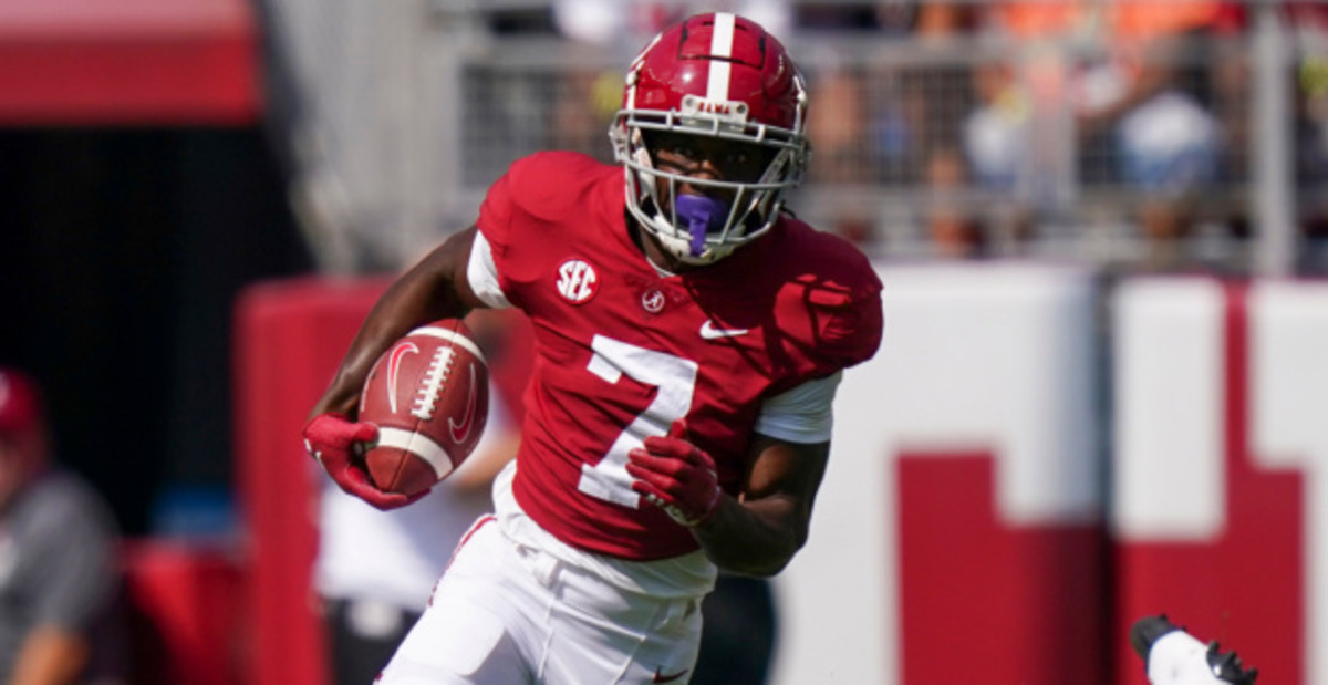 Alabama Crimson Tide wide receiver JaCorey Brooks catches a pass during a college football game in the SEC.