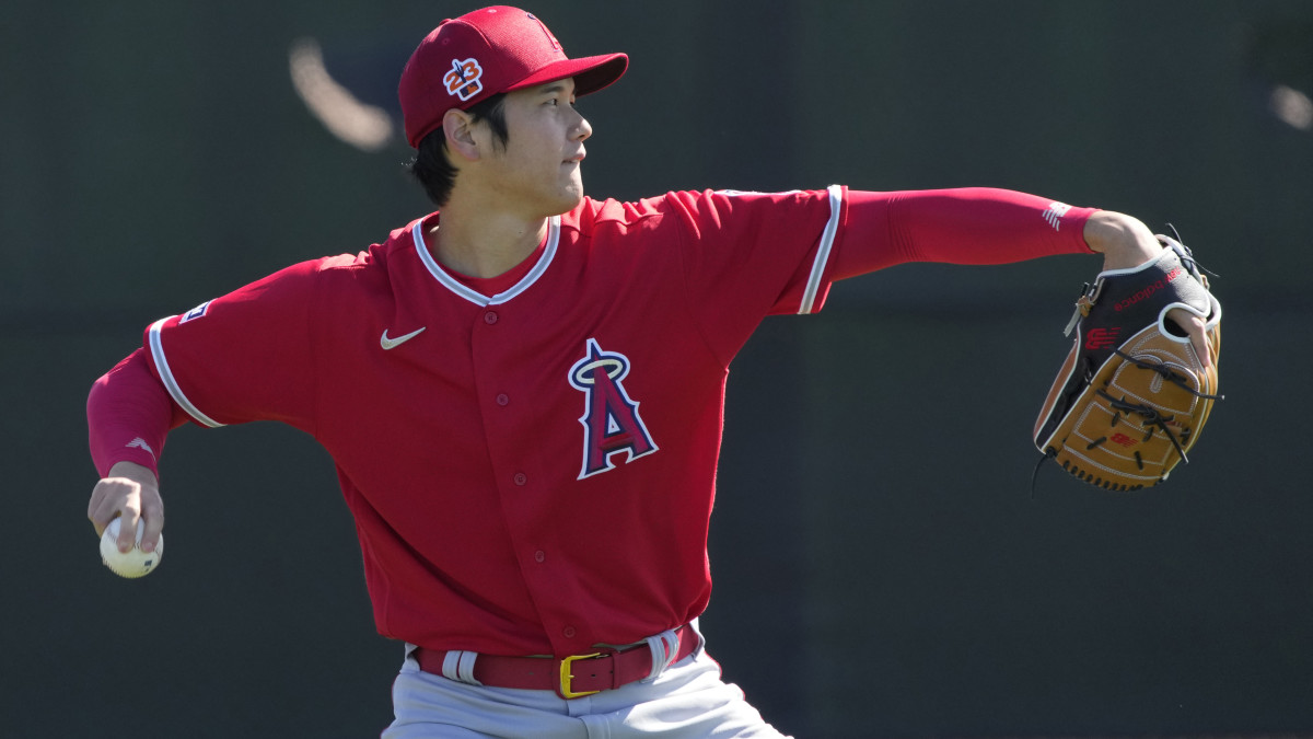 Los Angeles Angels starting pitcher Shohei Ohtani throws during spring training camp.