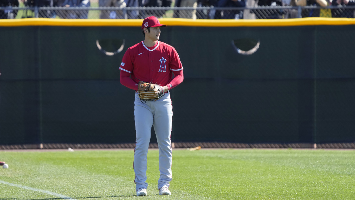 Los Angeles Angels starting pitcher Shohei Ohtani throws during spring training camp