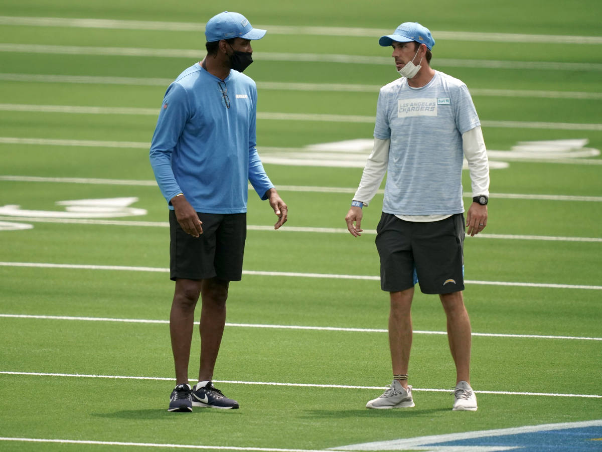 Aug 27, 2020; Inglewood, California, United States; Los Angeles Chargers quarterbacks coach Pep Hamilton (left) and offensive coordinator Shane Steichen at a scrimmage at SoFi Stadium that was cancelled in the wake of protests following the police shooting of Jacob Blake in Kenosha, Wisconsin. Mandatory Credit: Kirby Lee-USA TODAY Sports