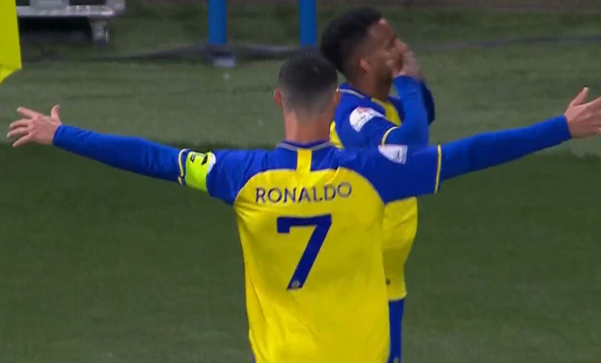 Cristiano Ronaldo pictured celebrating after assisting Abdulrahman Ghareeb for a goal in Al Nassr's Saudi Pro League game against Al-Taawoun in February 2023
