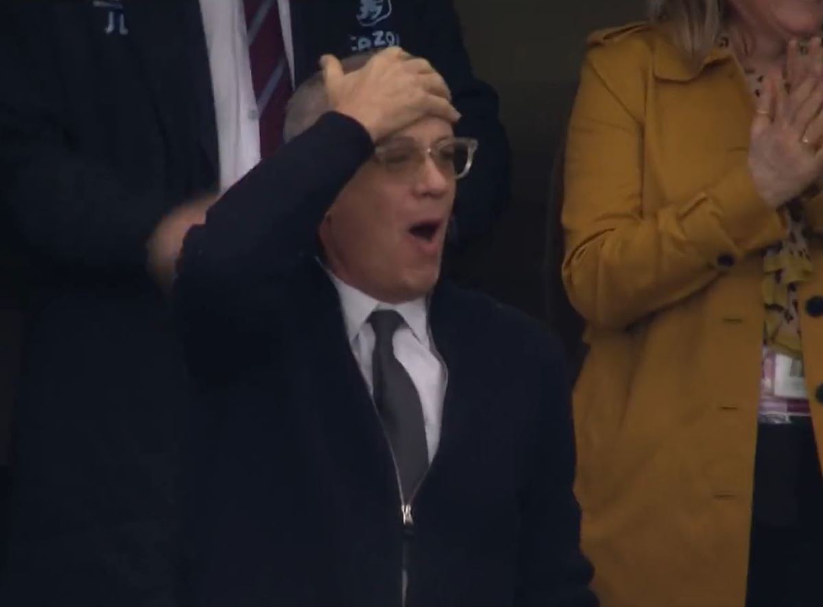 Tom Hanks pictured looking stunned after watching Ollie Watkins score for Aston Villa against Arsenal in February 2023