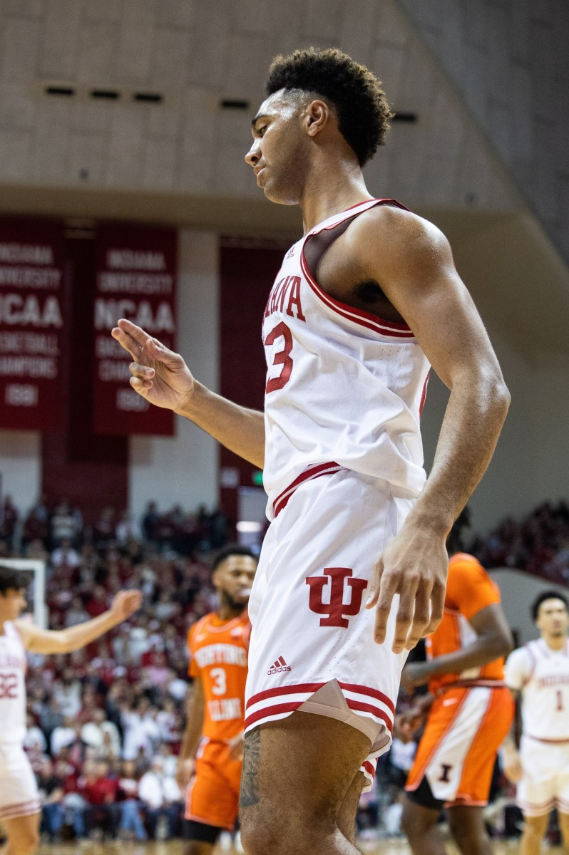 Indiana Hoosiers forward Trayce Jackson-Davis (23) celebrates a made shot in the first half against the Illinois Fighting Illini at Simon Skjodt Assembly Hall.