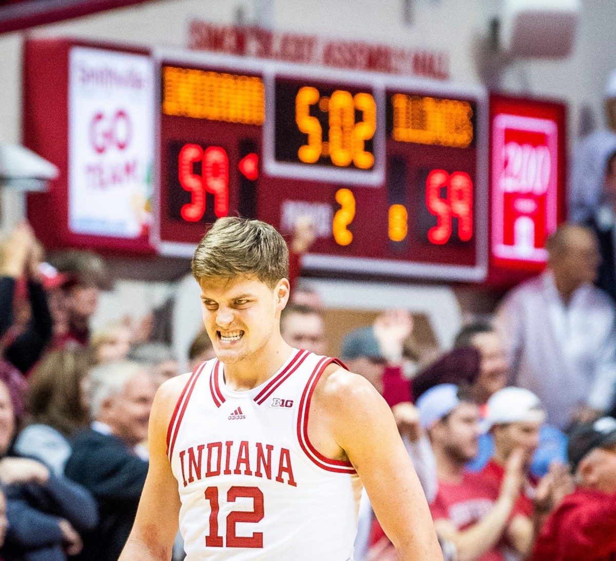 Indiana's Miller Kopp (12) celebrates during the second half of the Indiana versus Illinois men's basketball game.