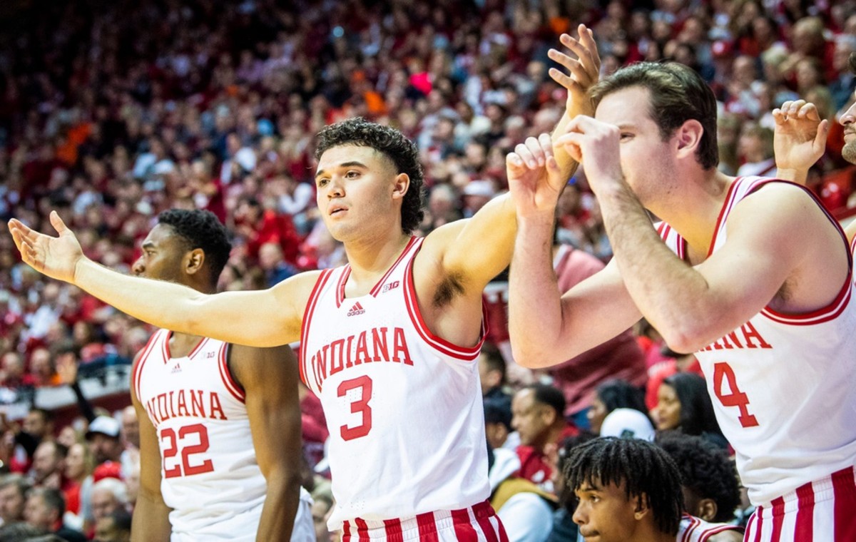 Anthony Leal (3) and the Indiana bench look for a call during the second half.