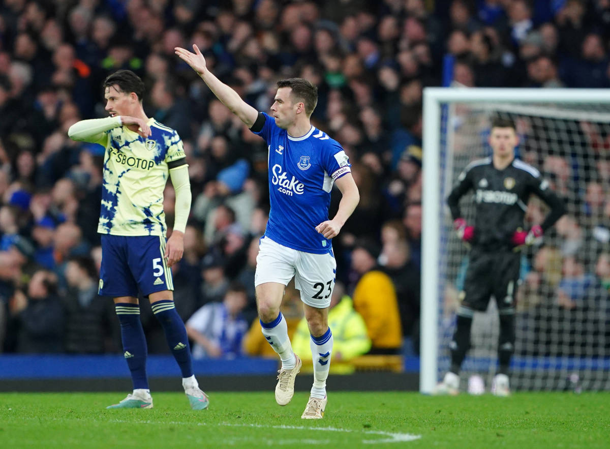 Seamus Coleman pictured celebrating after scoring a spectacular goal for Everton against Leeds in February 2023
