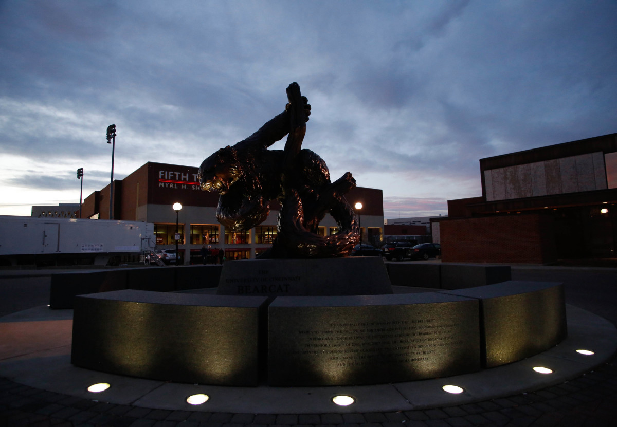 Jan 17, 2015; Cincinnati, OH, USA; A general view of the Cincinnati Bearcats statue outside of the arena prior to the against the Temple Owls at Fifth Third Arena. Mandatory Credit: Aaron Doster-USA TODAY Sports