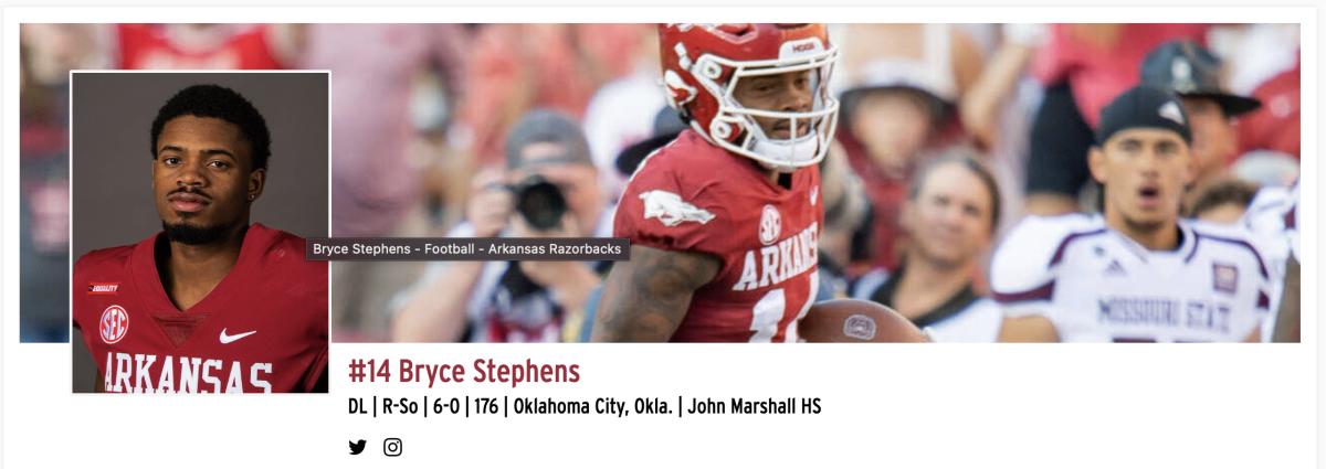 Bryce Stephens roster listing as of Feb. 20, 2023 shows him as a 6-0, 176 pound wide receiver.