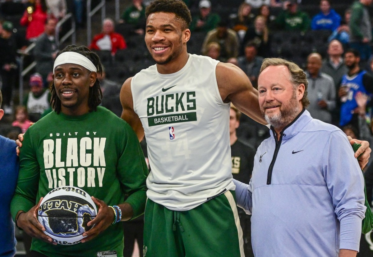 Milwaukee Bucks guard Jrue Holiday (21), forward Giannis Antetokounmpo (34) and head coach Mike Budenholzer will represent the Bucks at the NBA All-Star game